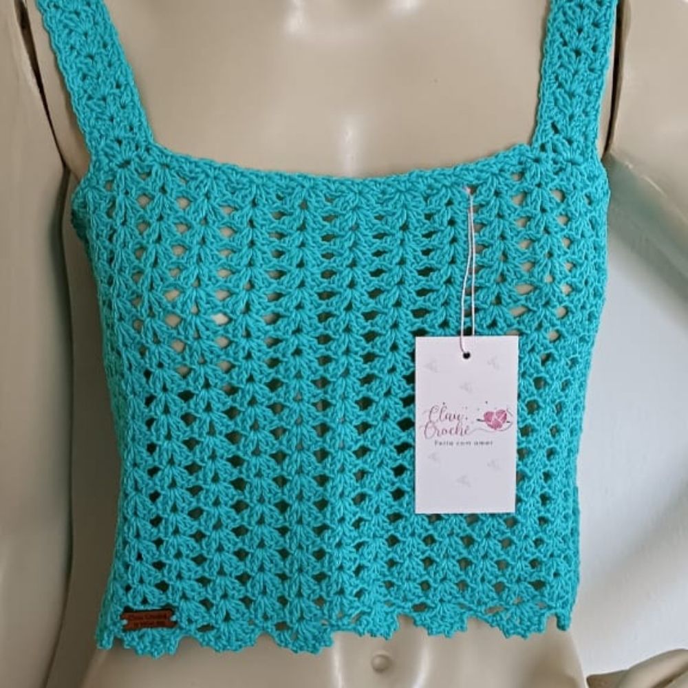 Cropped Solara em Crochê Artesanal 5 Cropped Solara em crochê artesanal Verde Piscina - peça feminina feita à mão em fio 100% algodão | Clau Crochê