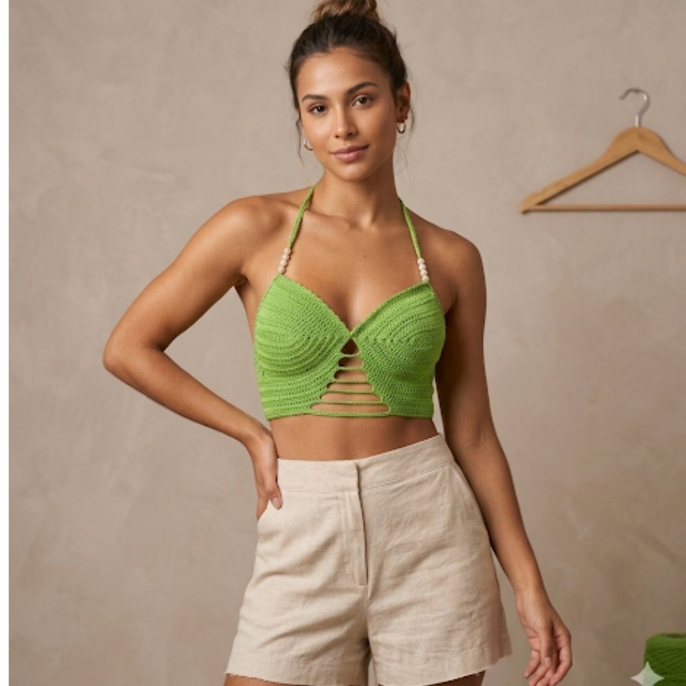 Top Cropped Riviera em Crochê Artesanal 2 Top Cropped Riviera Verde em crochê artesanal com bojo, pérolas e amarração ajustável, produzido à mão pela Clau Crochê.