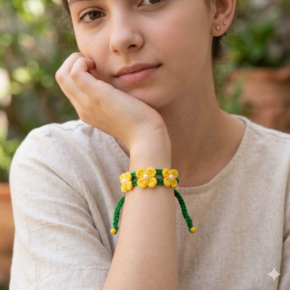 Pulseira Brasil em Flor em crochê artesanal nas cores verde e amarelo, com flores delicadas e detalhes em pérolas.