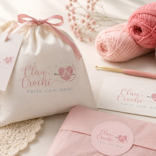 Materiais, fios e embalagem da Clau Crochê, representando o universo artesanal e o trabalho feito à mão da artesã Clau.