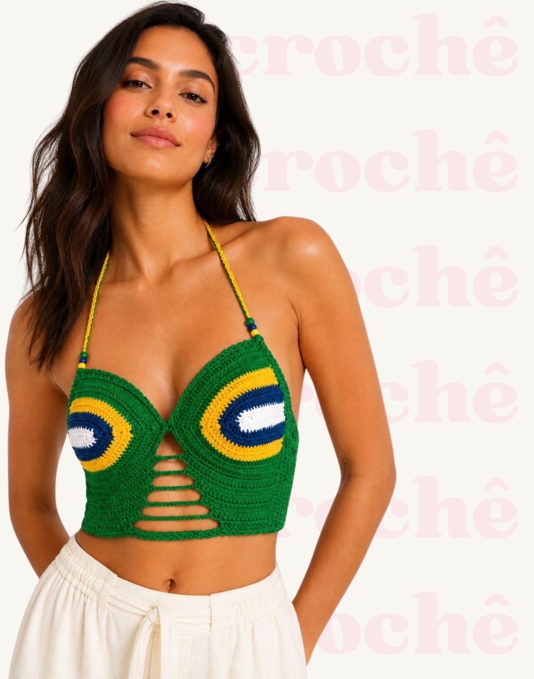 Top Cropped Riviera da coleção Raízes do Brasil em crochê artesanal feminino da Clau Crochê.